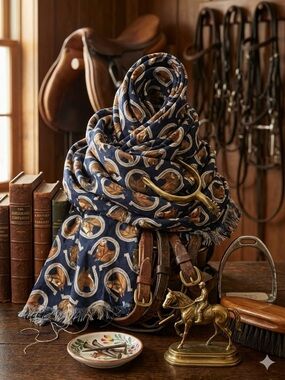 Vtg VIP Cranston Print Works Horse Horseshoe Fabric Navy Blue Cut Remnant 33x35